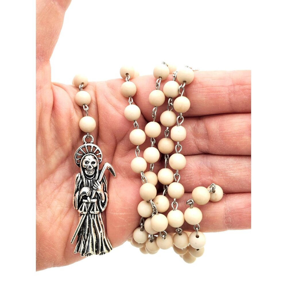 Handmade Natural Fossil Stone Bead Santa Muerte Rosary Holy Death Amulet Devotee